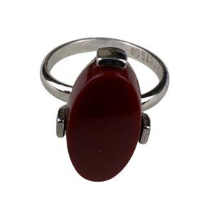 Sarah Coventry Red Oval Stone Silver Tone Ring Mid-Century Jewelry Size 5